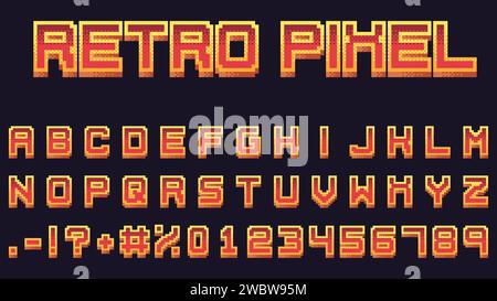 Schriftart für Retro-Pixel-Spiel. Arcade-Spiel 16-Bit 3D Pixel Buchstaben und Zahlen. Vektorsymbole für Videospiele der alten Schule Stock Vektor