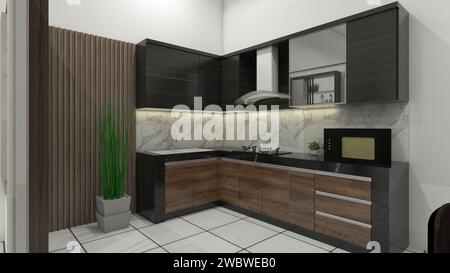 Küchenschrankdesign im industriellen Stil mit Holz- und Marmormöbeln Stockfoto