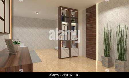 Innenflur mit Holzwandpaneel und Trennschrank Stockfoto