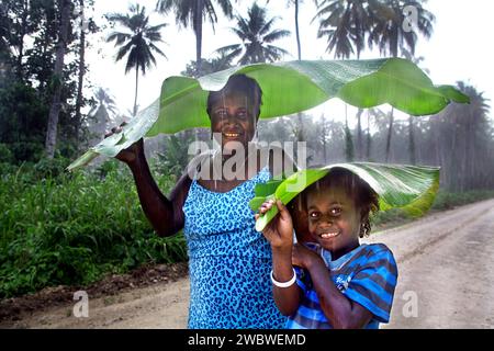 Mutter und Tochter schützen sich vor dem Regen mit einem Regenschirm aus Bananenblättern. Autonome Region Bougainville, Papua-Neuguinea, Asien Stockfoto