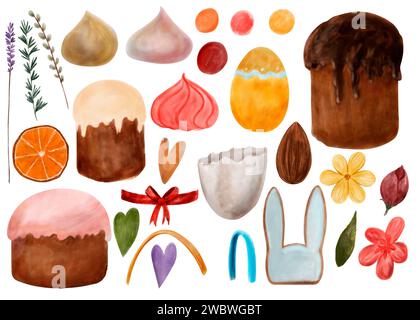 Set mit Aquarellillustrationen Ostern. Frühlingsaquarellset, handgezeichnet: Osterkuchen, Blumen, Kaninchen, Meringue, Eier, Bögen, Bänder, Muscheln, Herz Stockfoto