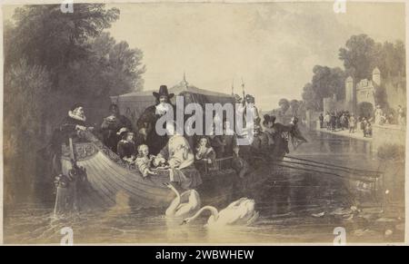 Fotoproduktion (vermutlich) eines Gemäldes einer Segelgesellschaft, die Schwäne trägt, ca. 1850 - ca. 1870 Fotografie Teil des Albums mit Fotos von Sehenswürdigkeiten und Landschaften in England und der Kunst. Englische Zeitung. Fotografischer Trägeralbumendruck Ruderboot, Kanu usw. Wasservögel: schwan Stockfoto