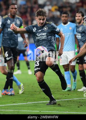 Parramatta, Australien. Januar 2024. Alexander Bonetig vom Western Sydney Wanderers FC, der während der A-League Männer Saison 2023/24 in der Unite Round zwischen Melbourne City FC und Western Sydney Wanderers FC im CommBank Stadium im Einsatz war. Endergebnis: Western Sydney Wanderers 1:0 Melbourne City FC. (Foto: Luis Veniegra/SOPA Images/SIPA USA) Credit: SIPA USA/Alamy Live News Stockfoto