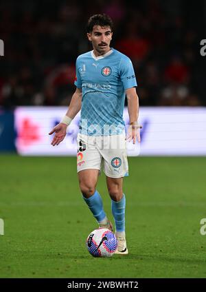 Parramatta, Australien. Januar 2024. Callum Murray Charles Talbot vom Melbourne City FC, der während des A-League-Spiels der Männer in der Saison 2023/24 in der Unite Round zwischen Melbourne City FC und Western Sydney Wanderers FC im CommBank Stadium in Aktion war. Endergebnis: Western Sydney Wanderers 1:0 Melbourne City FC. (Foto: Luis Veniegra/SOPA Images/SIPA USA) Credit: SIPA USA/Alamy Live News Stockfoto