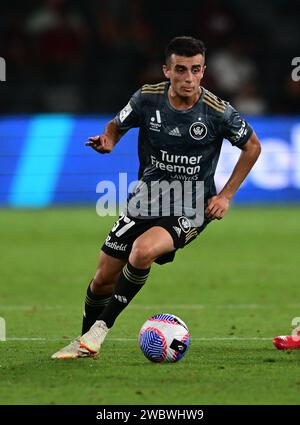 Parramatta, Australien. Januar 2024. Alexander Phillip Badolato vom Western Sydney Wanderers FC, der während der A-League Männer Saison 2023/24 in der Unite Round zwischen Melbourne City FC und Western Sydney Wanderers FC im CommBank Stadium im Einsatz war. Endergebnis: Western Sydney Wanderers 1:0 Melbourne City FC. (Foto: Luis Veniegra/SOPA Images/SIPA USA) Credit: SIPA USA/Alamy Live News Stockfoto