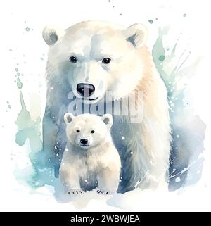 Niedlicher Eisbär mit Mutter Aquarell Kinderbuch Illustration Stil auf weiß Stock Vektor