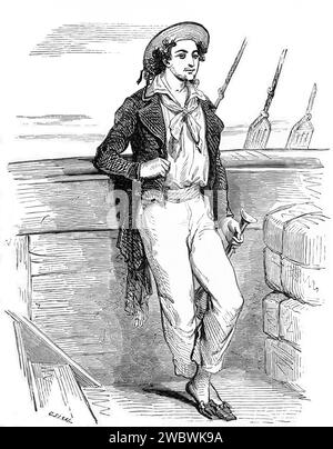 Der Graf von Monte Cristo von Alexandre Dumas. Die Hauptfigur Edmond Dantès als Handelssegler vor seiner Gefangenschaft (Illustration von Pierre-Gustave Staal, 1888) Stockfoto