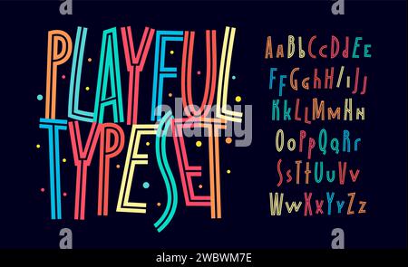 Fröhlich verspieltes Alphabet, lustige Zeichentrickbuchstaben, farbige Kinderschrift für festliches, lehrreiches und unterhaltsames Design. Logo-Monogramm-Headline-Typografie. Vektor Stock Vektor