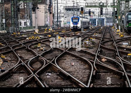 Leere Gleise vor dem Kölner Hauptbahnhof, 3-tägiger Streik der eisenbahngewerkschaft GDL, nur sehr wenige nah- und Fernzüge fahren, emp Stockfoto