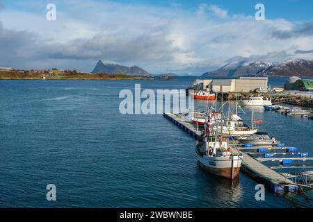 Bootssteg, Anlegestelle, Bootssteg mit farbigen Häusern am Ufer des Nordatlantiks. Bootshaus und hölzernes Ferienhaus auf den Inseln von Kvaløya, Norwegen Stockfoto