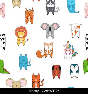 Nahtloses Muster mit verschiedenen Tieren Löwe, Krokodil, Maus, Katze, Hirsch, fuchs, Hund, Katze, Pferd, Robbe, Einhorn, Pinguin. Tier-Cartoon-Charakterdesi Stock Vektor