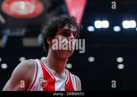 Mailand, Italien. Januar 2024. Milos Teodosic #4 von Crvena Zvezda Meridianbet Belgrad spielt während der regulären Saison der Turkish Airlines EuroLeague 2023/24 Runde 21 zwischen EA7 Emporio Armani Milan und Crvena Zvezda Meridianbet Belgrad im Mediolanum Forum. Endergebnis; EA7 Mailand 62: 76 Crvena Zvezda Meridianbet Belgrad. (Foto: Fabrizio Carabelli/SOPA Images/SIPA USA) Credit: SIPA USA/Alamy Live News Stockfoto