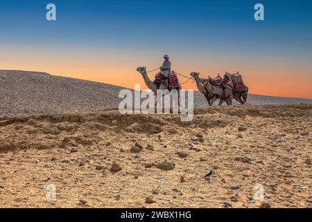 Gizeh Necropolis, Ägypten - 26. April 2022: Beduinenmann in traditionellen Kleidern, auf einem Kamel mit spezifischen Stickereien. Stockfoto