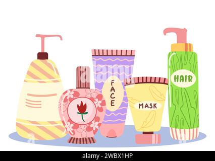 Hautpflegeprodukte Kosmetikset. Naturkosmetik für Haut und Körper in bunten Flaschen, Röhrchen, Gläsern. Illustration der Vektorabwicklung. Trendige Handzeichnung d Stock Vektor