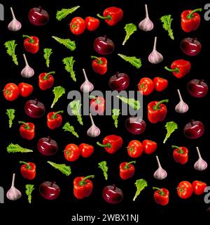 Gesunde pflanzliche Nahrung nahtlose Muster. Salat, Zwiebeln, Tomaten, Knoblauch, Pfeffer. Schwarzer Hintergrund Stockfoto