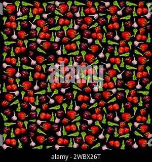 Gesunde pflanzliche Nahrung nahtlose Muster. Salat, Zwiebeln, Tomaten, Knoblauch, Pfeffer. Schwarzer Hintergrund Stockfoto