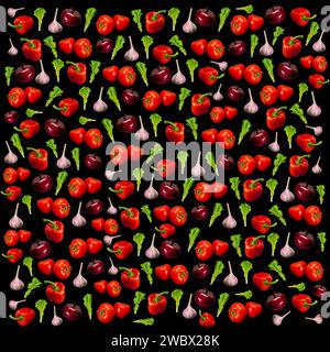Gesunde pflanzliche Nahrung nahtlose Muster. Salat, Zwiebeln, Tomaten, Knoblauch, Pfeffer. Schwarzer Hintergrund Stockfoto