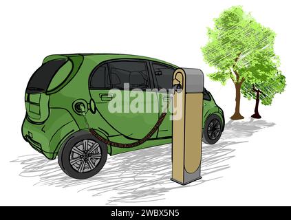 Elektroauto und Baum isoliert auf weißem Hintergrund Stock Vektor