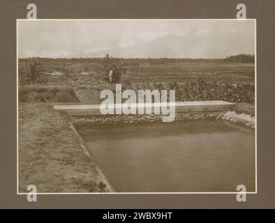 Mann an einem Wasserwerk mit Siphon in der Zuckerfabrik Ngandjoek auf Java, ca. 1925 - ca. 1930 Foto Teil eines Fotoalbums mit Aufnahmen von vier Zuckerfabriken auf Java. Nganjuk-Karton. Papier. Fotografische Unterlage Gelatine Silberdruckzucker. Plantage. Pflanzen und Kräuter: Zuckerrohr. Schleuse, Wehr Niederländisch-Indien, die. Nganjuk Stockfoto