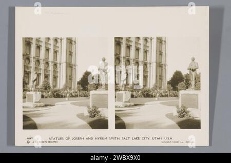 Statuen von Joseph und Hyrum Smith, Gründer der Heiligen der letzten Tage Kirche, oder der Mormonen, Salt Lake City, J. Deeden Holmes, 1924–1926 Stereograph Salt Lake Citypublisher: Londonpublisher: Birmingham baryta Papier Gelatine Silberdruck Monument, Statue. Die Bewegungen stammen von den protestantischen Kirchen (mit NAMEN) Salt Lake City Stockfoto