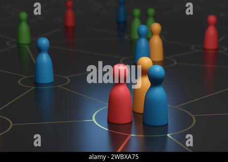 Bunte Holzfiguren auf miteinander verbundenen Kreisen. Konzept der Zusammenhänge. 3D Abbildung. Stockfoto