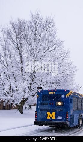 Ein lebhafter blauer Bus gleitet mühelos über eine winterliche Straße, die mit einer unberührten Schneedecke geschmückt ist, begleitet von majestätischen Bäumen Stockfoto