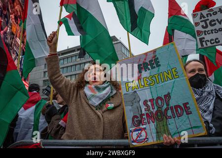 Den Haag, Südholland, Niederlande. Januar 2024. Ein pro-palästinensischer Demonstrant hält ein Protestschild mit der Aufschrift "freies Palästina - Stopp des Genozids". Am 12. Januar 2024 demonstrierten pro-israelische und pro-palästinensische Aktivisten vor dem Internationalen Gerichtshof in den Haag. Innerhalb des Gerichtshofs verteidigte sich Israel gegen Südafrikas Anklage des Völkermordes. (Kreditbild: © James Petermeier/ZUMA Press Wire) NUR REDAKTIONELLE VERWENDUNG! Nicht für kommerzielle ZWECKE! Stockfoto