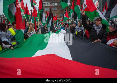 Den Haag, Südholland, Niederlande. Januar 2024. Demonstranten schwenken eine riesige palästinensische Flagge. Am 12. Januar 2024 demonstrierten pro-israelische und pro-palästinensische Aktivisten vor dem Internationalen Gerichtshof in den Haag. Innerhalb des Gerichtshofs verteidigte sich Israel gegen Südafrikas Anklage des Völkermordes. (Kreditbild: © James Petermeier/ZUMA Press Wire) NUR REDAKTIONELLE VERWENDUNG! Nicht für kommerzielle ZWECKE! Stockfoto