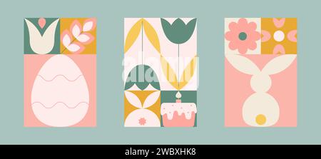 Geometrisches Osterkartenset mit einfachem Häschen, Ei, Tulpen, osterkuchen, Blumen. Pastellfarbene, niedliche Formen. Stock Vektor
