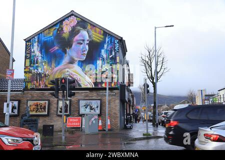 Dan Kitcheners neues Wandgemälde „Hope“ in der Conors Corner in The Shankill – ein Bild über Widerstandsfähigkeit, Liebe, Schönheit und vor allem Hoffnung in Belfast, NI, Großbritannien Stockfoto