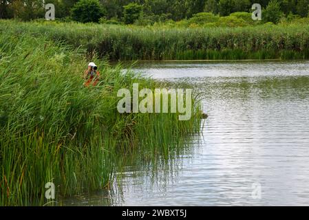 Professioneller Naturfotograf, der Fotos mit Kamera in der Natur macht Stockfoto