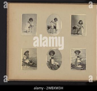 Kinderporträts, Anonym, 1890 - 1900 Fotomechanischer Druck sechs Kinderporträts, darunter drei von einem Mädchen mit Storch und drei von einem Mädchen mit Schubkarre. Diese Seite ist Teil eines Albums. Papier. Kind aus Karton (zu Hause). Ufer- und Watvögel: Störche. Schubkarre Stockfoto