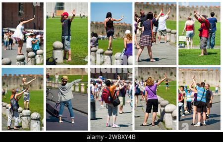 Menschen jeden Alters in Pisa, Italien, posieren für die Kamera, tun, als ob sie den Schiefen Turm unterstützen würden, Pisa, Toskana, Italien Stockfoto