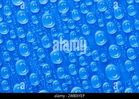 Nahaufnahme, Makro von vielen Wassertropfen, Tröpfchen, auf einer blauen Oberfläche, Hintergrund, ein lächelndes Gesicht spiegelt sich in jedem Tropfen Stockfoto