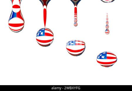 Nahaufnahme, Makrobild eines Wassertropfens, Tropfen aus einem Schwamm, Nationalflagge der USA reflektiert im Tropfen, Sterne und Streifen Stockfoto