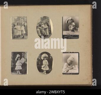 Kinderporträts, Anonym, 1890 - 1900 fotomechanischer Druck sechs Kinderporträts, darunter zwei Kinderporträts in Kostümen. Diese Seite ist Teil eines Albums. Unterstützung für Fotos. Papier. Pappe Gelatine Silberdruck Kind (zu Hause). Kleidung, Kostüm Stockfoto