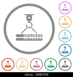 Flache Farbsymbole für Baukran und Fracht in runden Umrissen auf weißem Hintergrund Stock Vektor