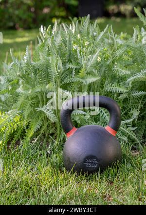 Schwere eiserne Kugelhantel auf grünem Gras in einem Hinterhof - Fitnesskonzept im Freien Stockfoto