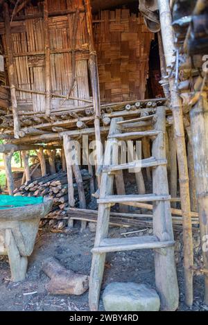 Eingangsleiter zu einer traditionellen Bambushütte im Dorf Lazu, Arunachal Pradesh, IndiaLazu Dorf, Arunachal Pradesh, Indien Stockfoto