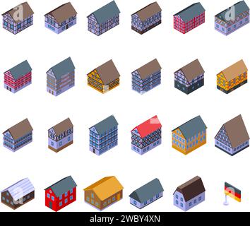 Traditionelle deutsche Häuser Icons setzen isometrischen Vektor. Altes Dorf. Europäisches Gebäude Stock Vektor