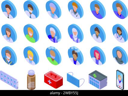 Doctor Avatars-Symbole legen den isometrischen Vektor fest. Gesundheit der Krankenschwester. Medizinischer Mensch Stock Vektor