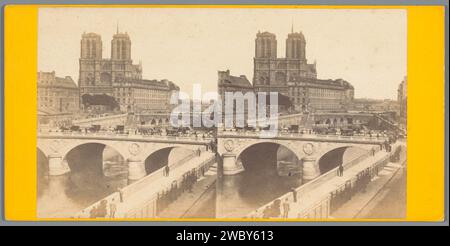 Blick auf Pont Saint-Michel und Notre-Dame in Paris, Anonym, um 1850 - um 1880 Stereogramm Pariser Fototräger. Pappalbumendruck Brücke in der Stadt über Fluss, Kanal usw. Kirche (außen) Muttergottes. Saint-Michel-Brücke Stockfoto