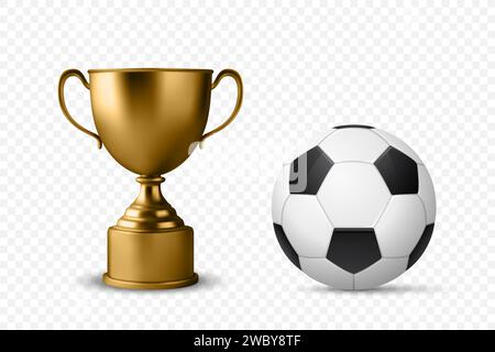 Realistischer Vektor 3D blank Golden Champion Cup Icon mit Fußball-Set Nahaufnahme isoliert. Design-Vorlage für die Meisterschaft-Trophäe. Sports Awards und Stock Vektor