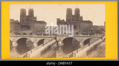 Blick auf Pont Saint-Michel und Notre-Dame in Paris, Anonym, um 1850 - um 1880 Stereogramm Pariser Fototräger. Pappalbumendruck Brücke in der Stadt über Fluss, Kanal usw. Kirche (außen) Muttergottes. Saint-Michel-Brücke Stockfoto