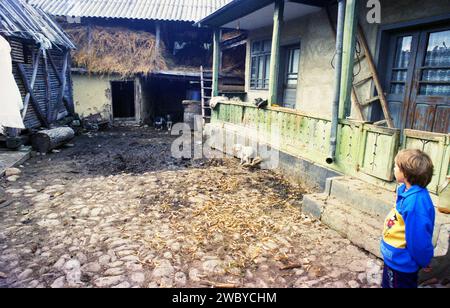 Vrancea County, Rumänien, ca. 2002. Der geschlossene Vorhof eines traditionellen ländlichen Gehöfts mit einem kleinen Haus und einem Stall mit Heuboden. Stockfoto