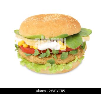 Leckerer veganer Burger mit Gemüse, Patty und Mikrogrün isoliert auf weiß Stockfoto