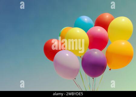 Bunte Ballons fliegen am blauen Himmel an sonnigen Tagen. Leerzeichen für Text Stockfoto