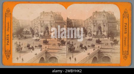 Blick auf den Boulevard Saint-Michel, die Pont Saint-Michel und die Fontaine Saint-Michel in Paris, Anonym, um 1850 - um 1880 Stereogramm Paris fotografische Unterstützung. Dekorativer Springbrunnen aus Pappe mit Albumendruck. Brücke in der Stadt über Fluss, Kanal usw. avenue, Boulevard im Dorf Boulevard Saint-Michel Stockfoto