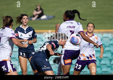 Oval. Lilyfield. Sydney. Australien 12.01.2024, Melbourne Victory Stürmer Rachel Lowe kommt Kopf an Ball. Perth Glory gegen Melbourne Victory. Liberty A League. Unity Round. Leichardt Oval. Lilyfield. Sydney. Australien (Joe Serci/SPP) Credit: SPP Sport Press Photo. /Alamy Live News Stockfoto