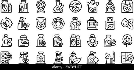 Symbole für umweltfreundliche Reinigungsprodukte setzen Konturvektor. Seifenreiniger. Giftiger Reiniger Stock Vektor